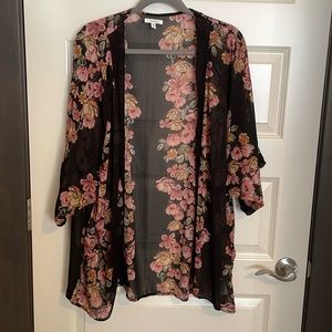 Maurices Sheer Floral Print Black Kimono Cover-Up with Crochet Lace Trim Size 2X